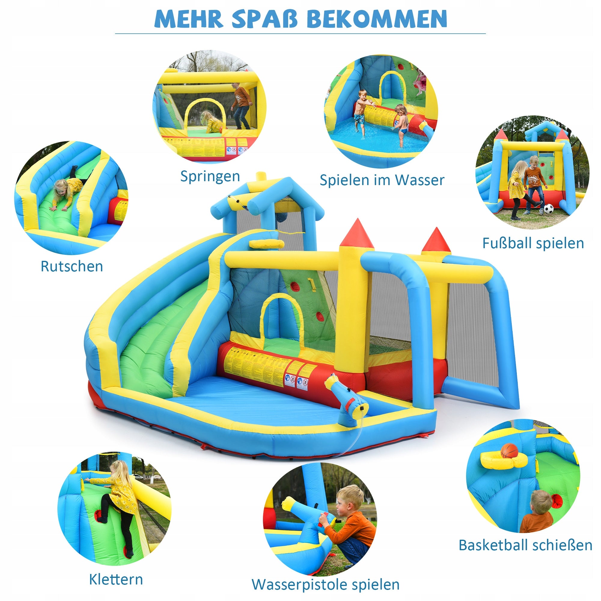 5-in-1 Inflatable Castle with Slide, Pool and Football Net Dominant material synthetic material