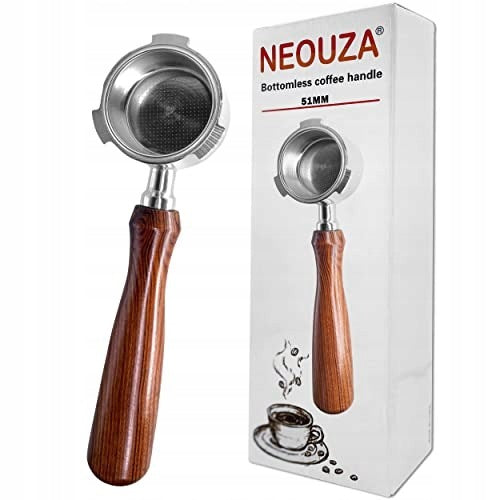 51MM STAINLESS STEEL BOTTOMLESS PORTAFILTER WITH WOODEN HANDLE Packaging status original
