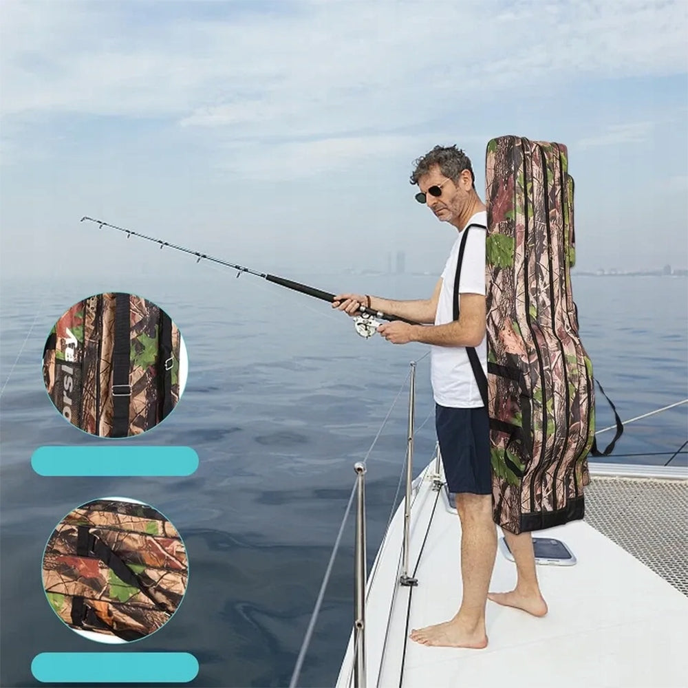 Žvejybos meškerių dėklas, 150 cm, 3 sluoksnių, 5 kišenės, sulankstomas