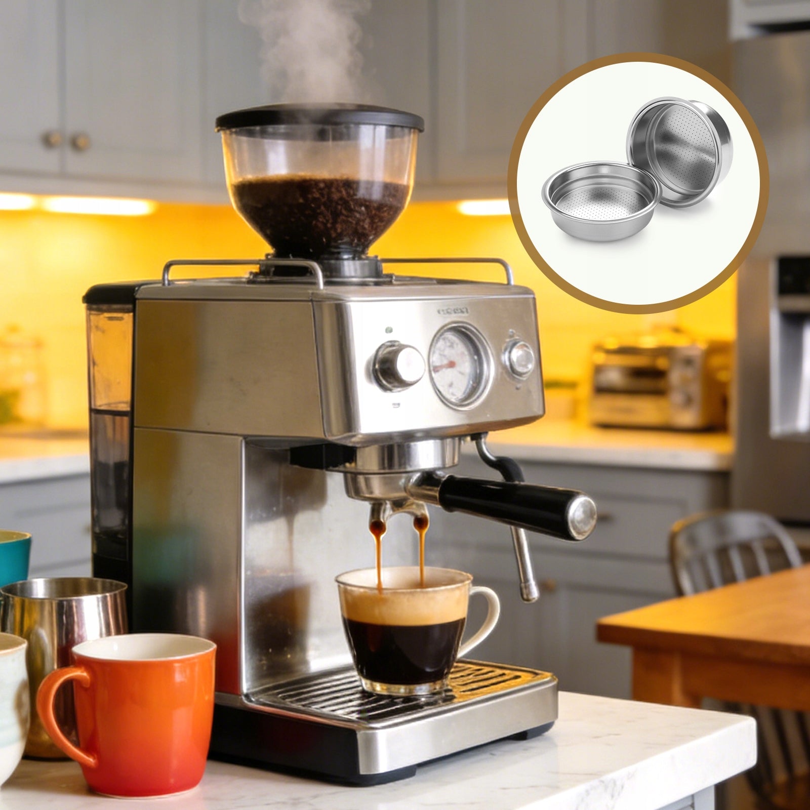 51mm Espresso Filter Basket Stainless steel Reusable(Single Cup+Double Cup) Packaging status original