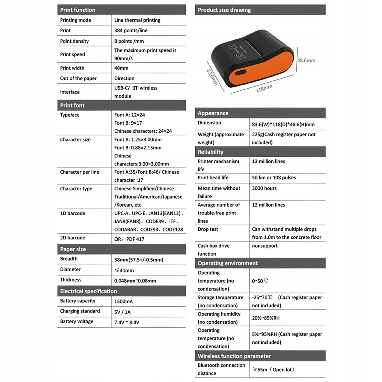 58mm Portable Receive Printer Mini Thermal BV Printing Printing technology other