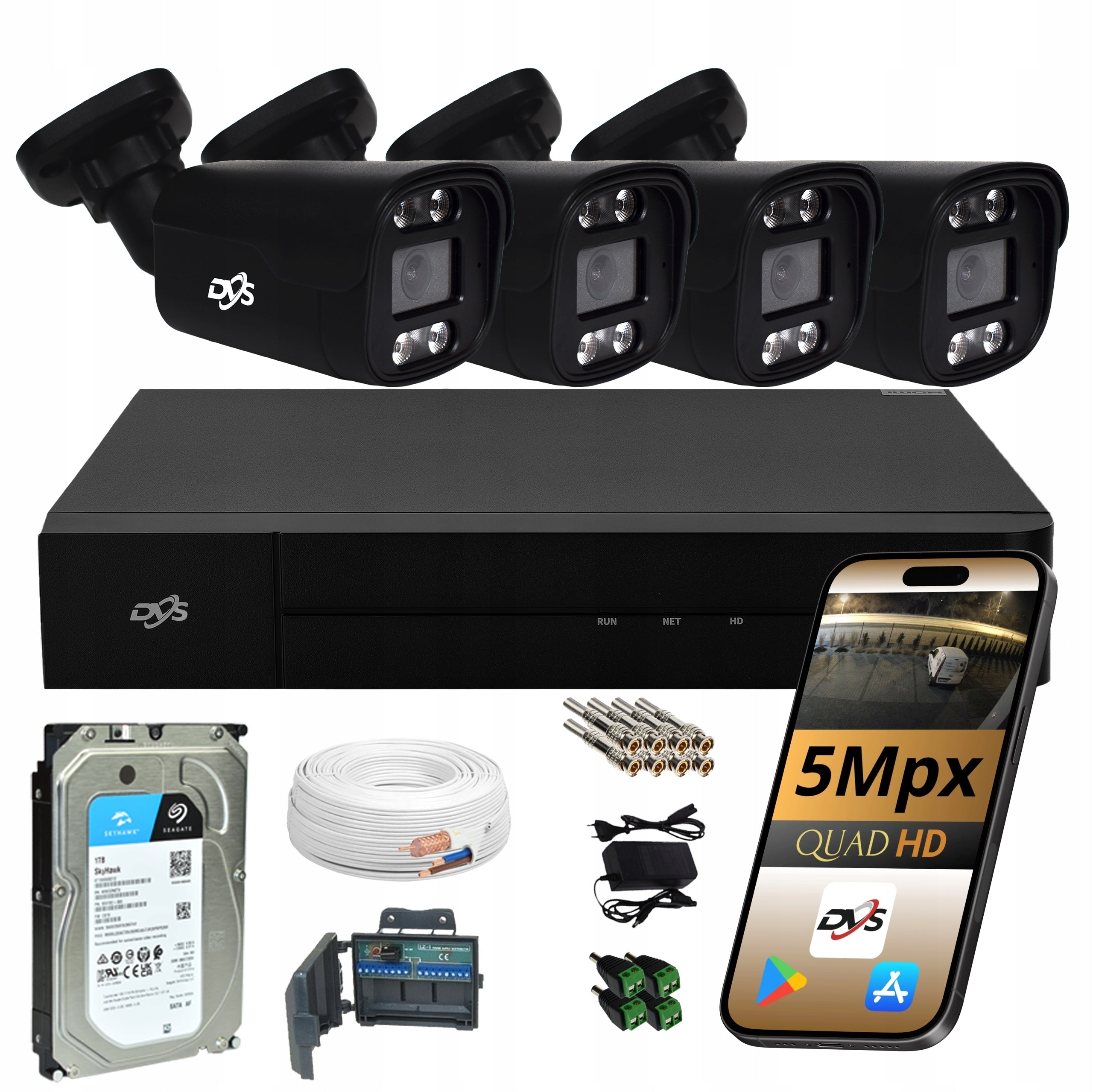5MPX SURVEILLANCE KIT 4 OUTDOOR CAMERAS BLACK DUAL LED + IR DISK 1Tb