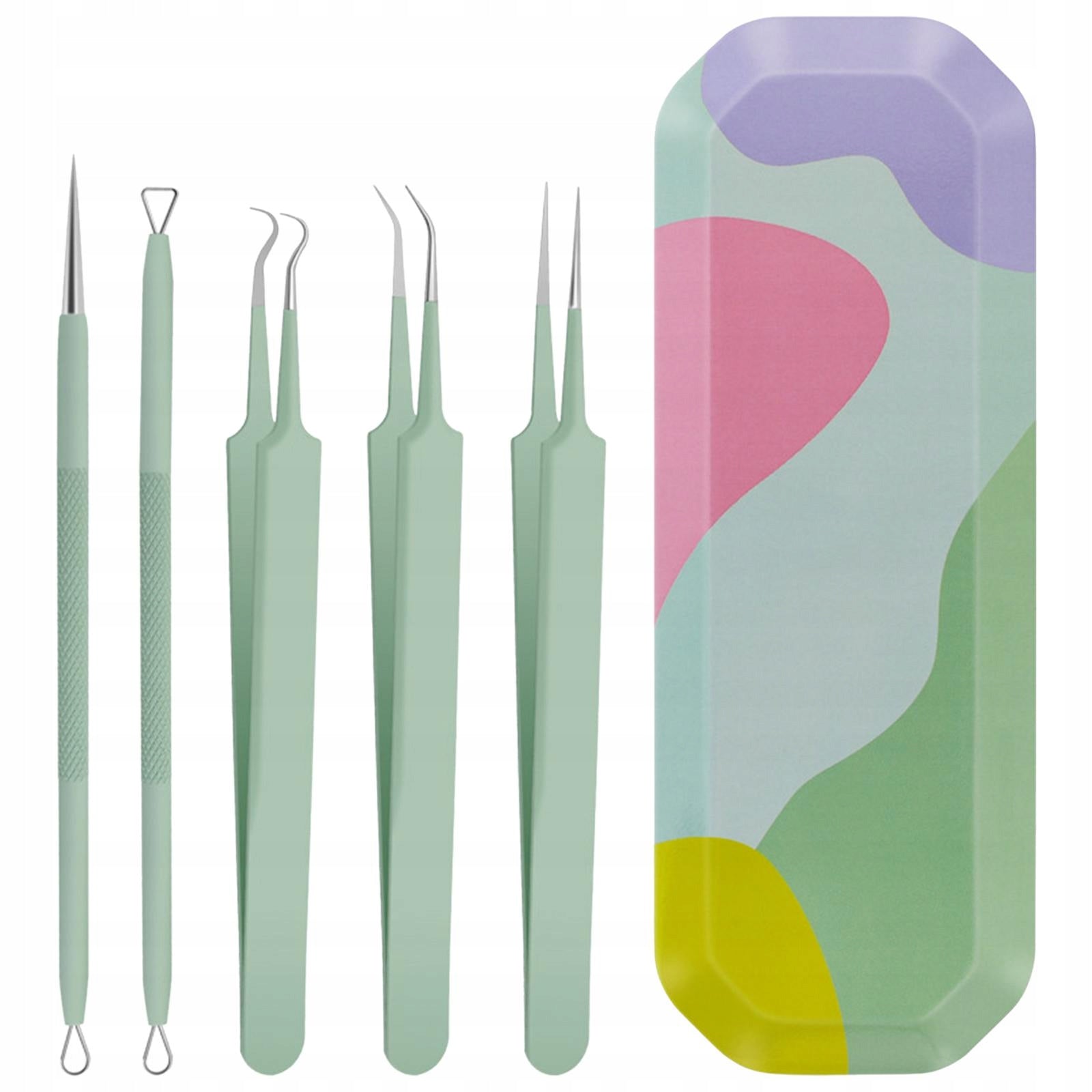 5Pcs Acne Blackhead Removal Kit Professional Stainles Steel Case Face Green Medical device no