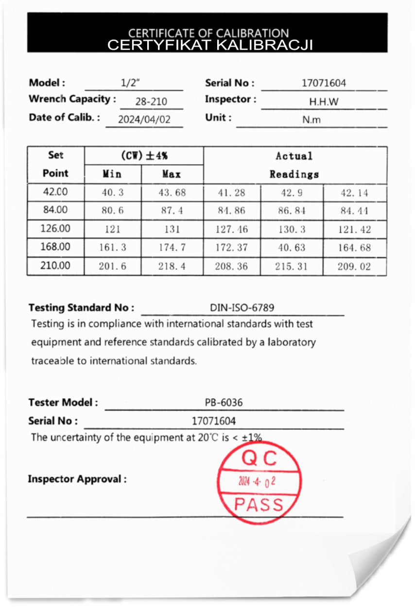 Raktas su momentine jėga, 1/2", 28–210 Nm, CrMo ir CrV, su ratų kalibravimo sertifikatu