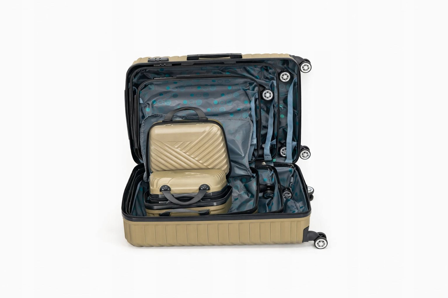 5in1 TRAVEL SUITCASE SET – SILVER LUXURY SET ON WHEELS Depth (shorter edge) 30 cm