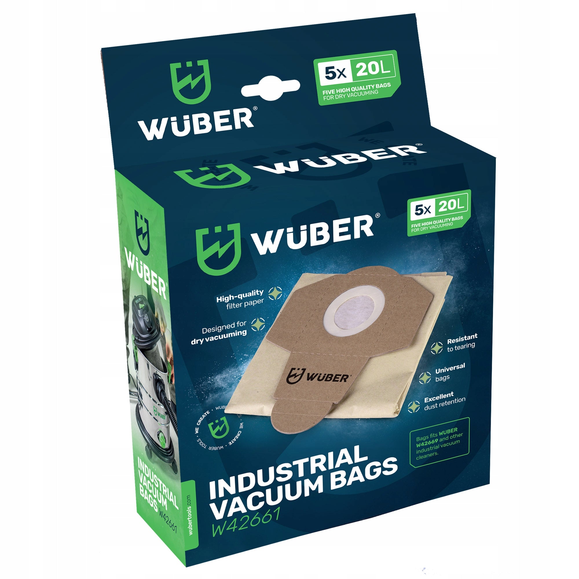 5x INDUSTRIAL VACUUM CLEANER BAGS 20 L 5 PIECES PAPER THICK WUBER Packaging status original