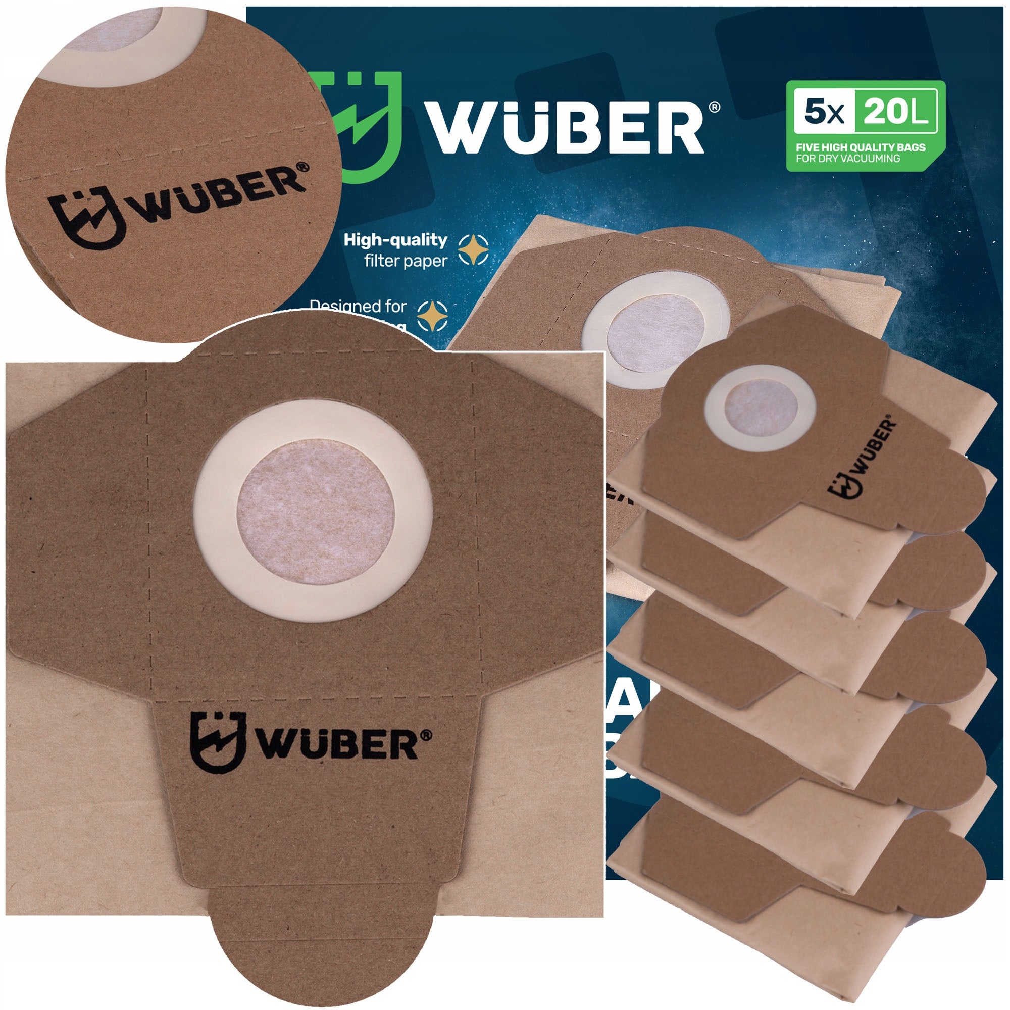 5x INDUSTRIAL VACUUM CLEANER BAGS 20 L 5 PIECES PAPER THICK WUBER