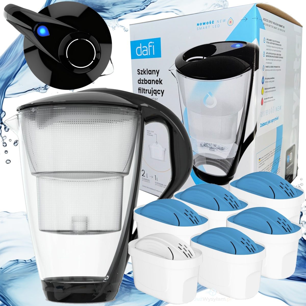 5x UNIMAX MG+ filter cartridges glass jug DAFI CRYSTAL LED black