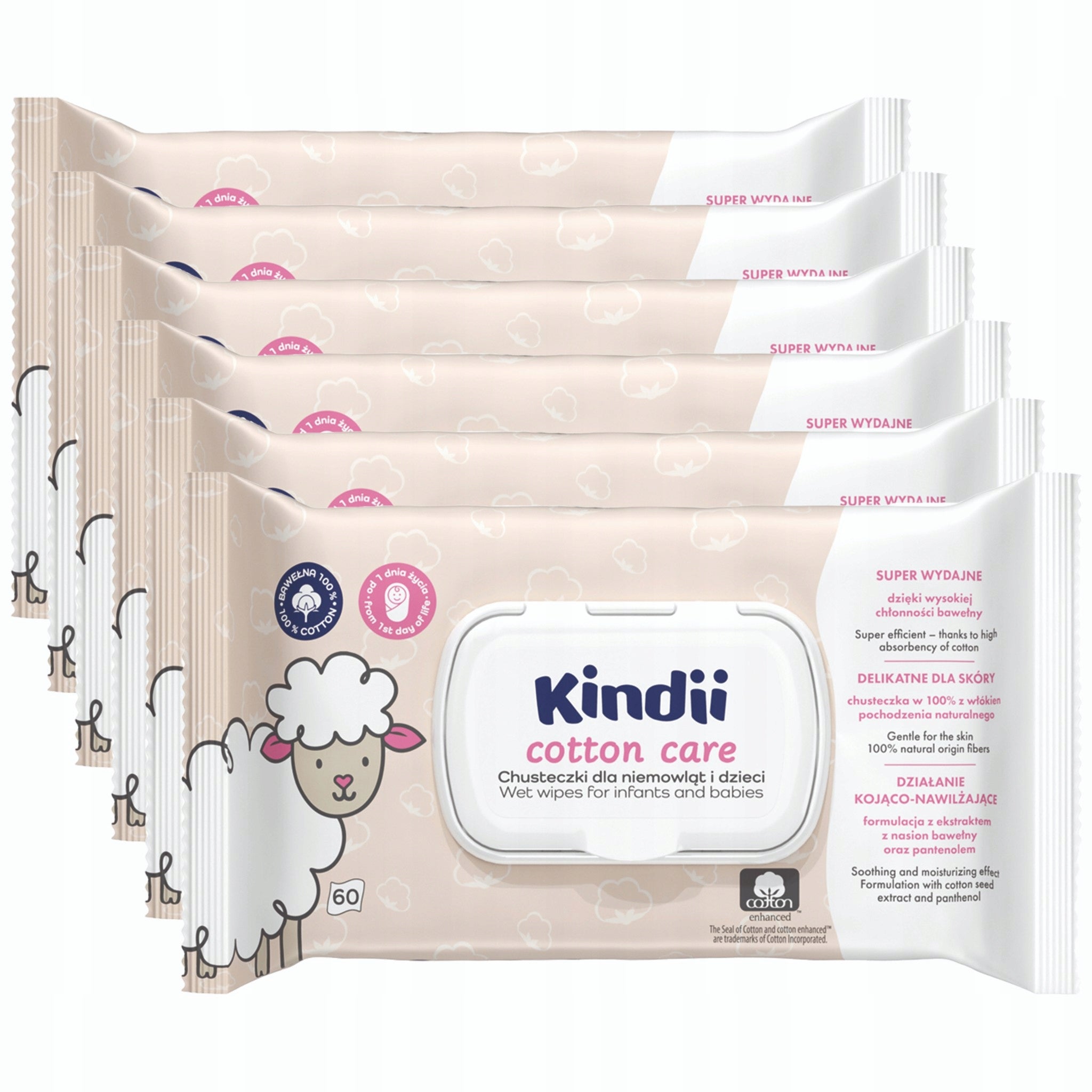 6 x Kindii Cotton Care Wipes for children and babies 60 pcs.