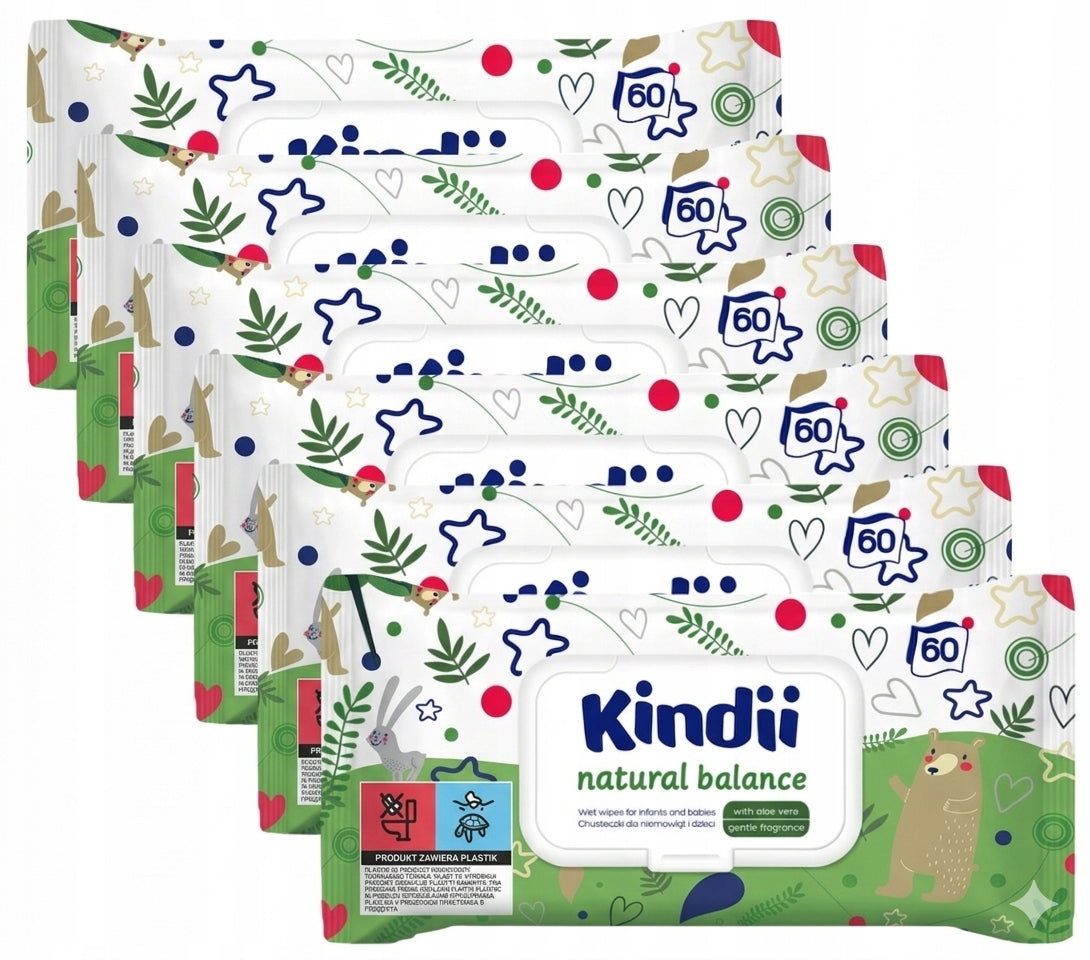 6 x Kindii Moisturized Wipes for Sensitive Baby Skin NATURAL BALANCE