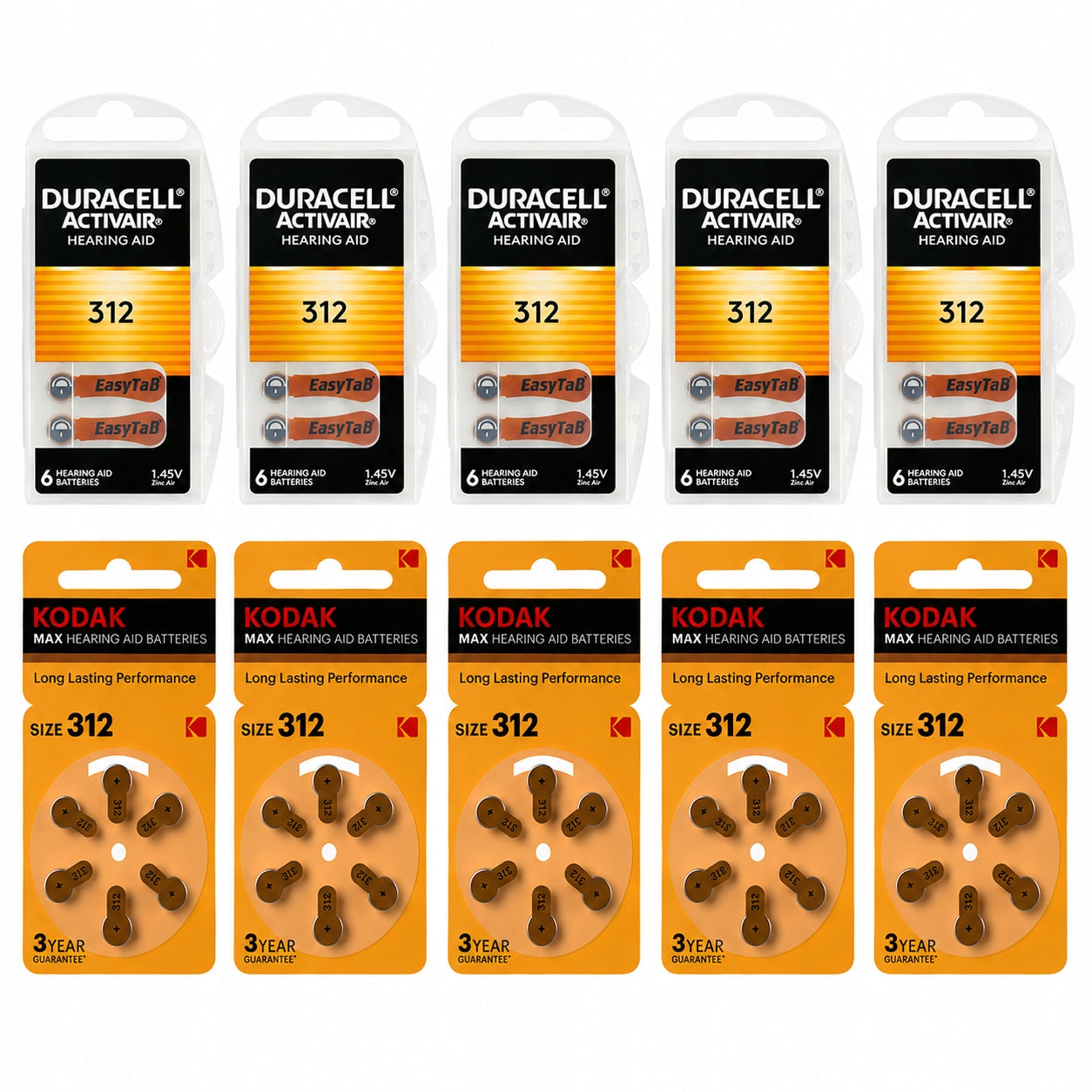 60x Hearing Aid Battery Pack 30xDuracell 312 + 30xKodak 312