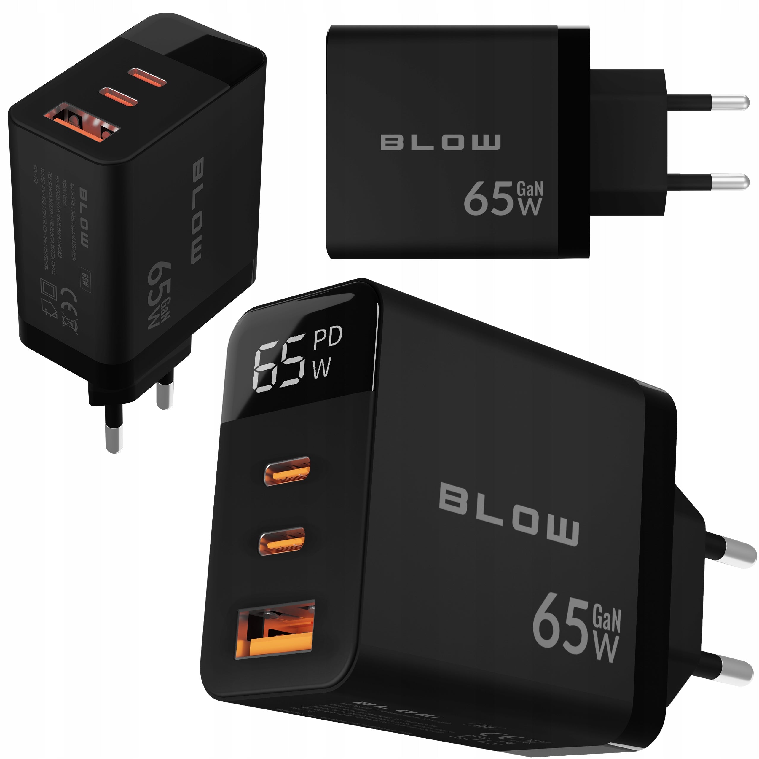 65W AC CHARGER GaN USB-A + USB-Cx2 WATT METER CUBE BLACK FAST