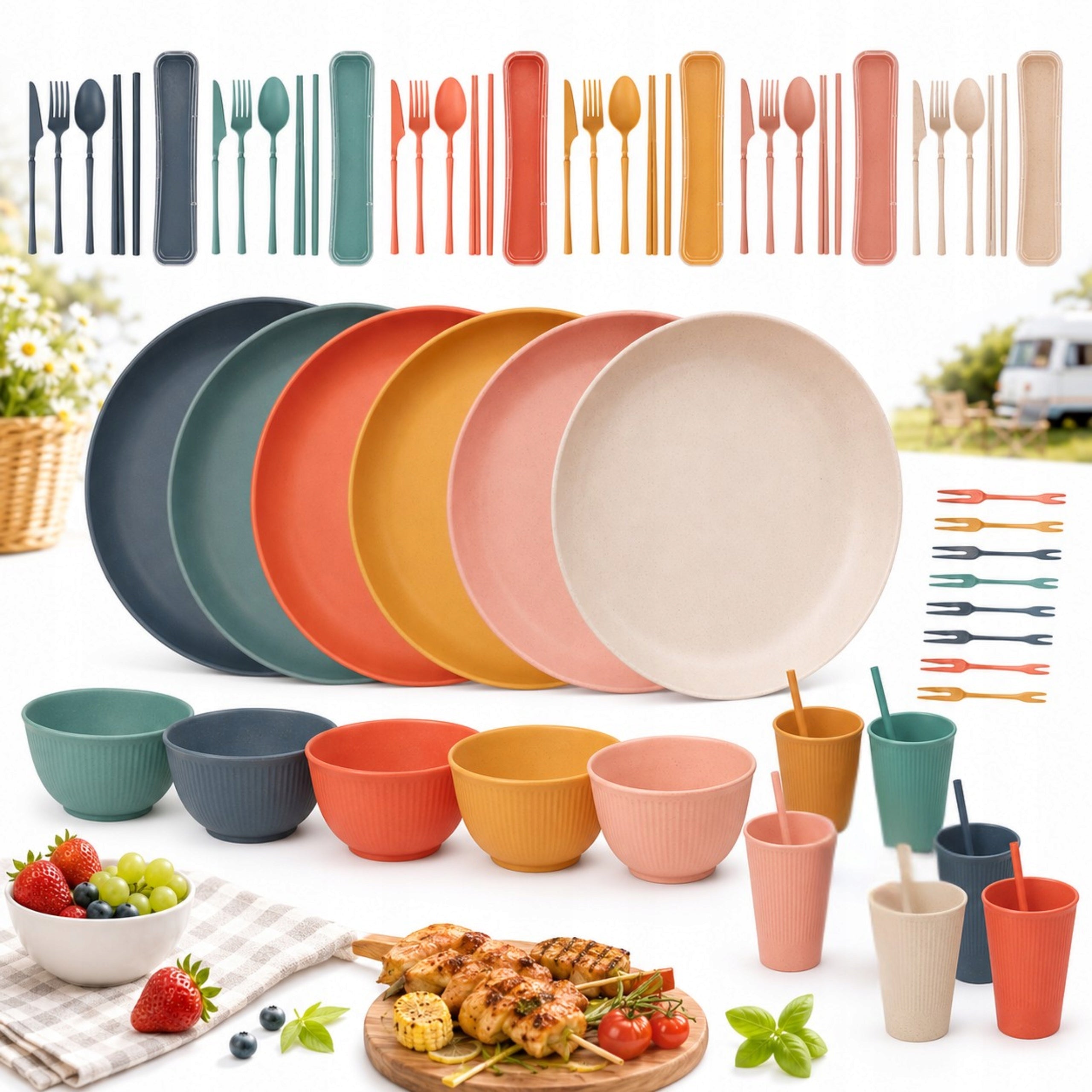 66 PCS PICNIC SET CAMPING DISHES TRAVEL CUTLERY 6 PEOPLE