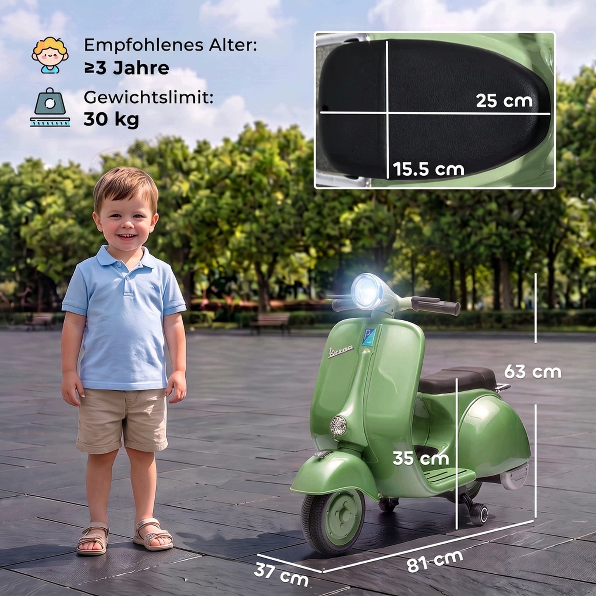 6V AIYAPLAY VESPA style electric motorbike for children with side wheels Brand AIYAPLAY