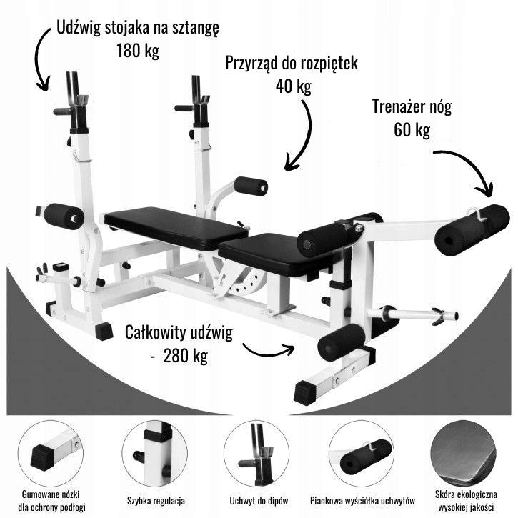 6in1 White Extrusion Bench + 2 Adjustable Cast Iron Barbells 130kg Brand Gorilla Sports