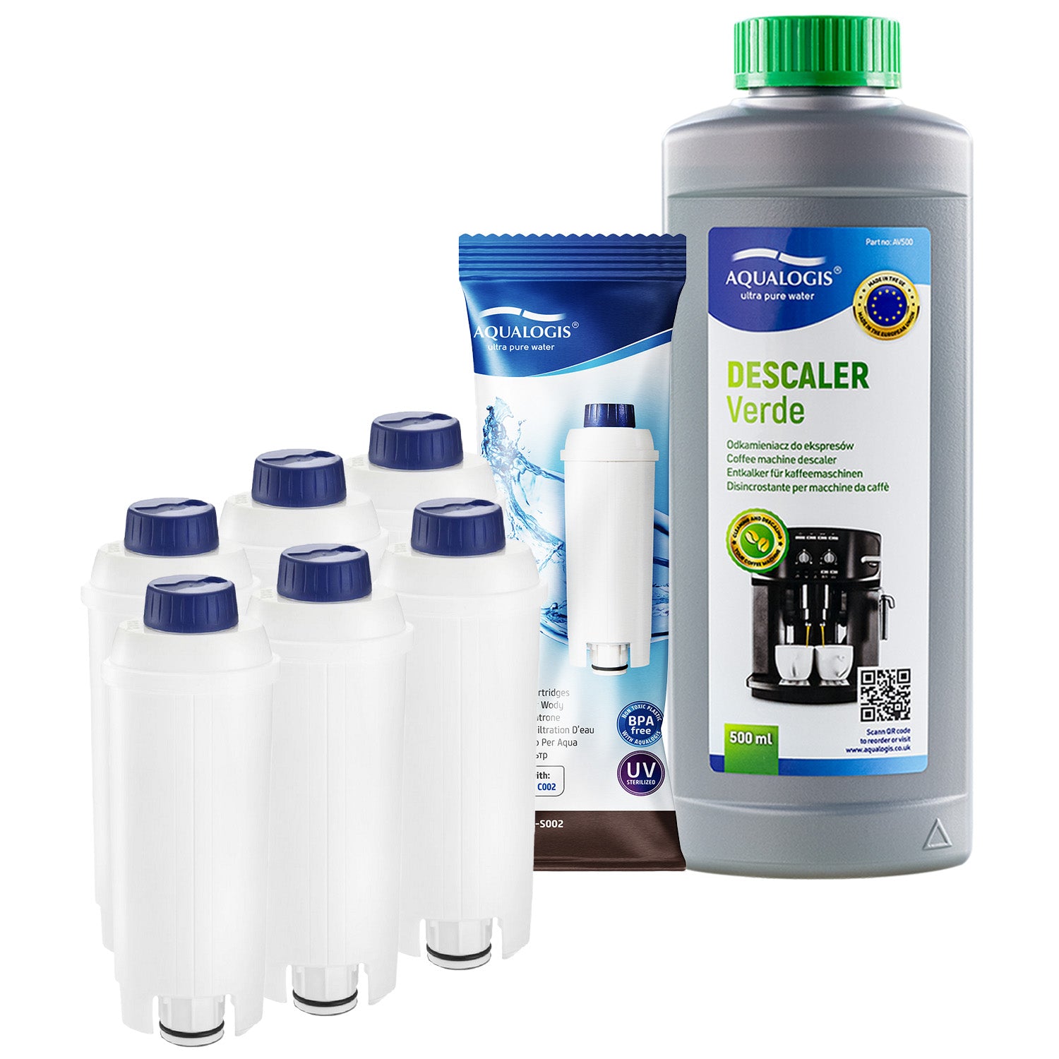 6x Filter for Delonghi AL-S002 + Descaler Aqualogis Verde 500ml