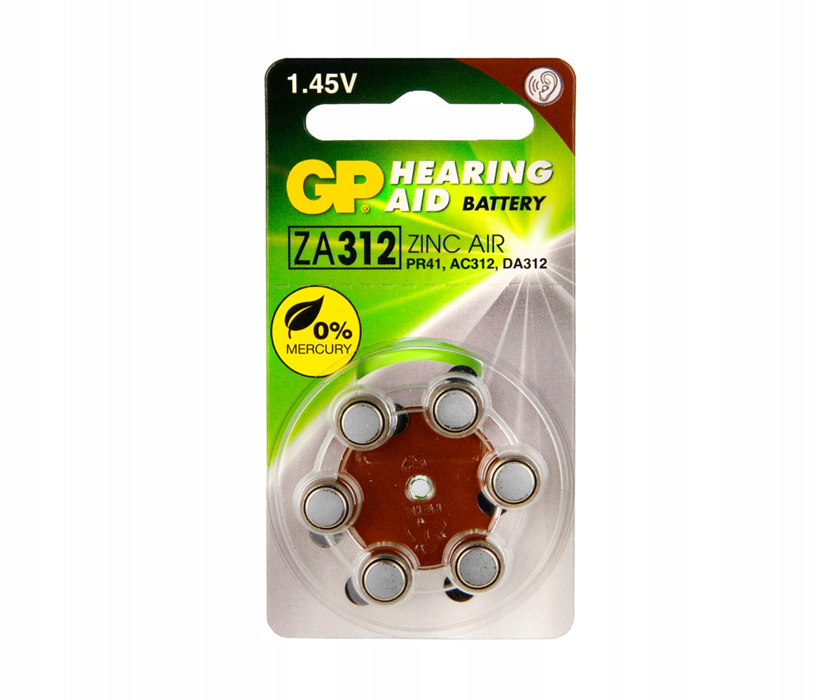 6x Hearing battery GP ZA312 125mAh 1,45V zinc-air