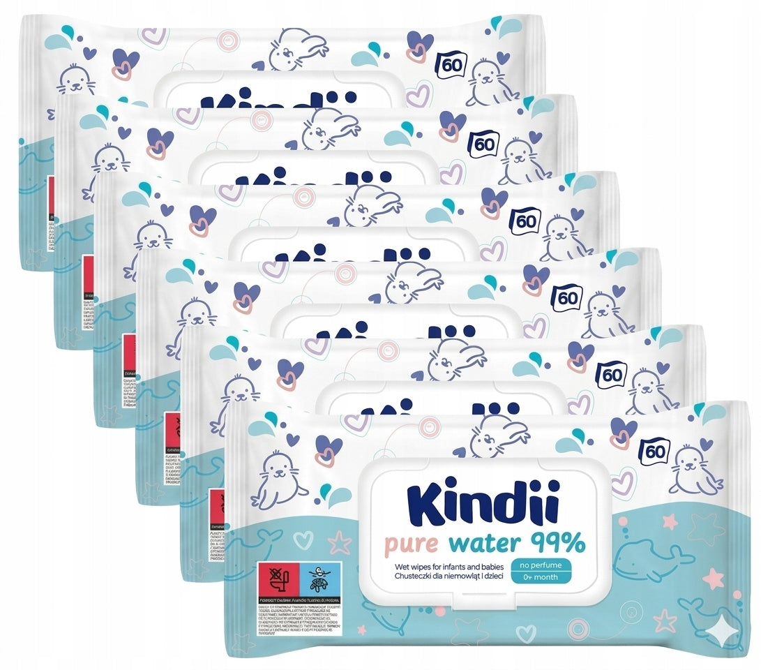 6x KINDII WET WIPES PURE WATER 99% 60PCS Unscented For Children