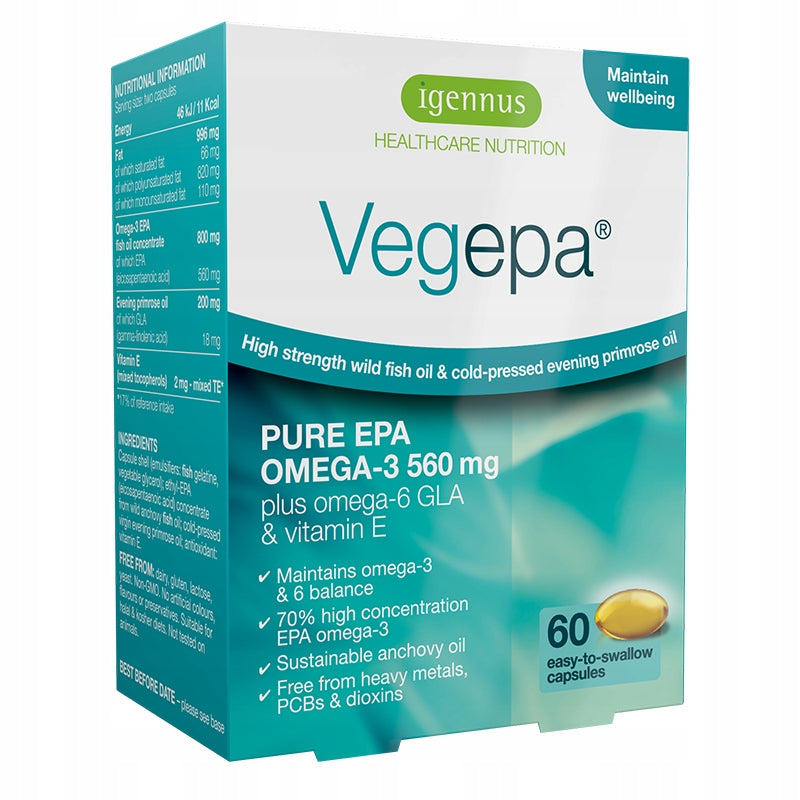 70% Omega 3 EPA 560 mg ultra PURE plus evening primrose oil VEGEPA IGENNUS