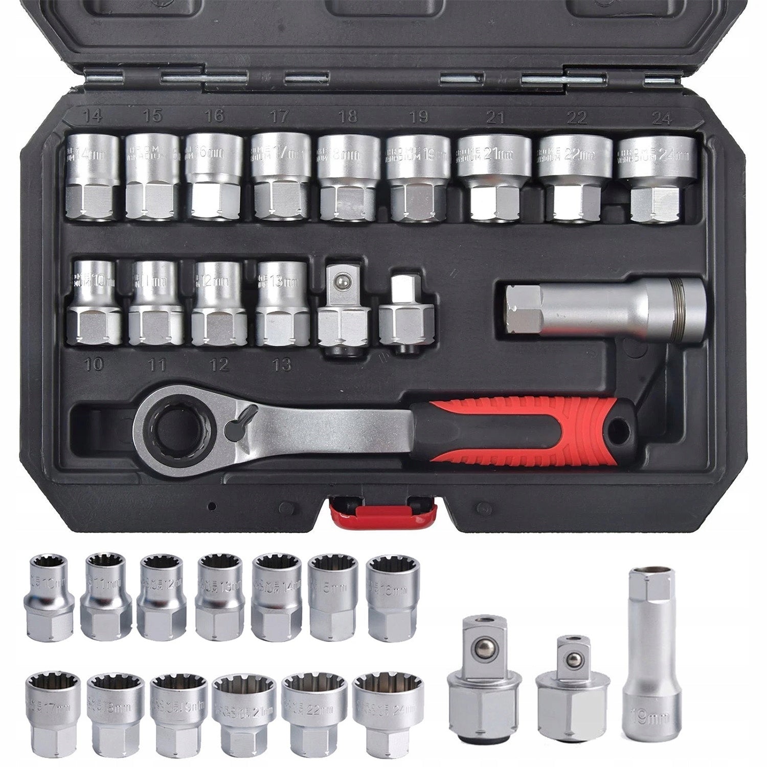 Prailgintų galvučių rinkinys 1/2'' ir 3/8'' 17 vnt. 10–24 mm