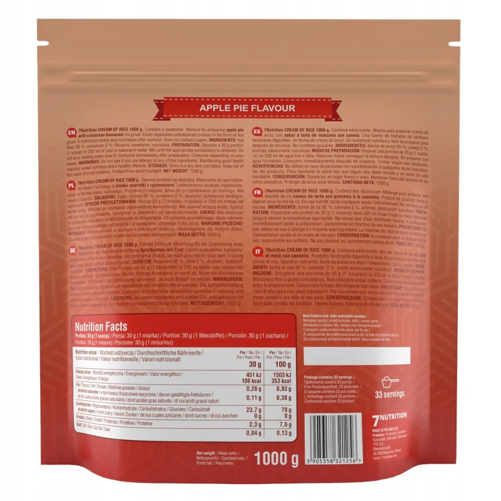 7NUTRITION CREAM OF RICE APPLE PIE 1 kg ENERGY WITHOUT SUGAR WEIGHT STRENGTH Manufacturer code KLEIK RYŻOWY BEZ CUKRU POSIŁEK