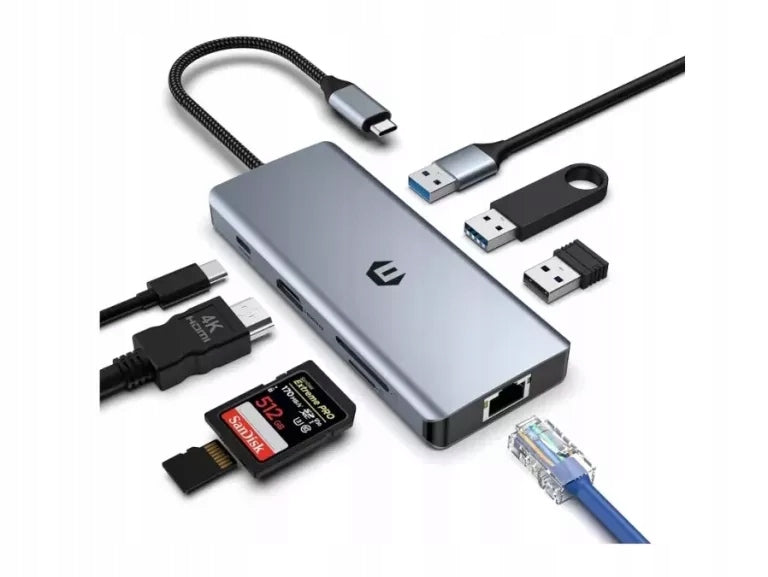 8 IN 1 USB C ADAPTER (ETHERNET, USB 2.0, 5 GB/S USB 3.0, SD/TF READER)
