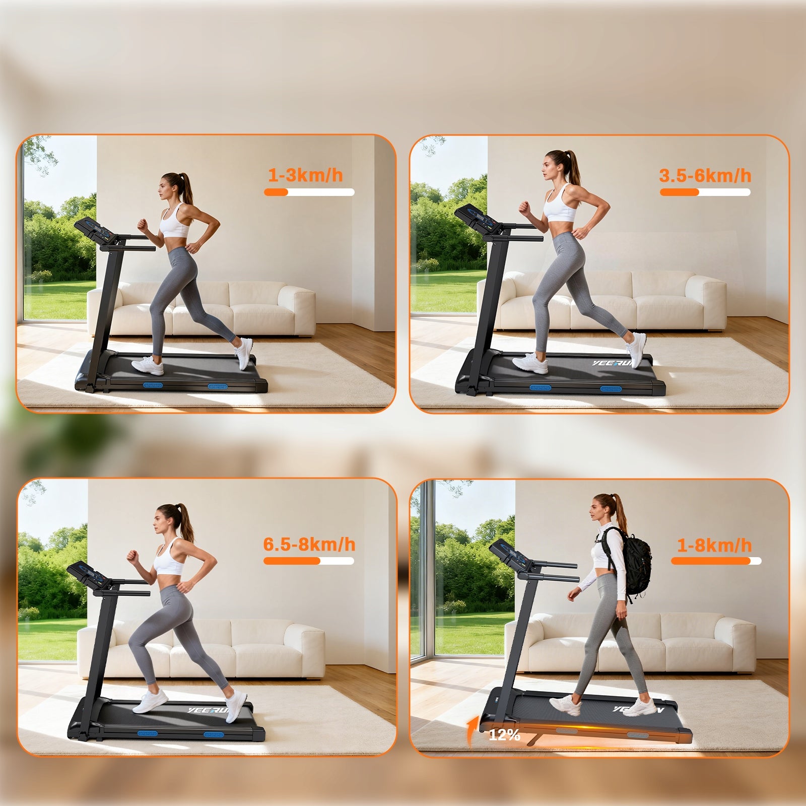 8 km/h and 2,5 hp folding treadmill, 12 programs, with speakers Kind electric