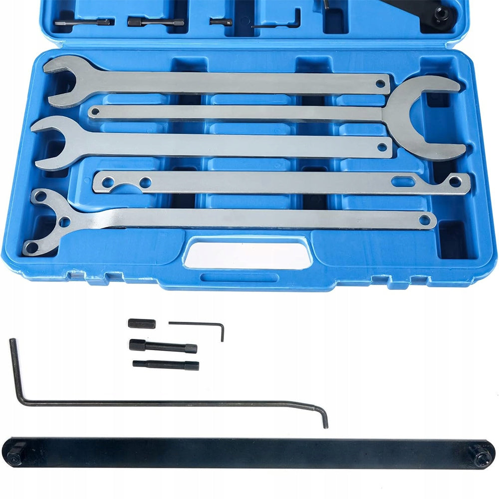 A set of fan hub wrenches for BMW, Mercedes and Ford vehicles. Brand no brand