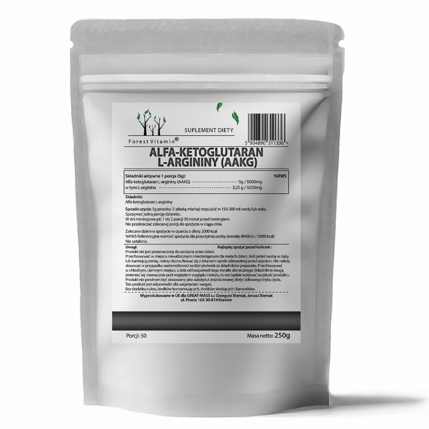 AAKG ARGININA L-ARGININE 250g PURE NATURAL STRONG NITRIC OXIDE Brand Forest Vitamin