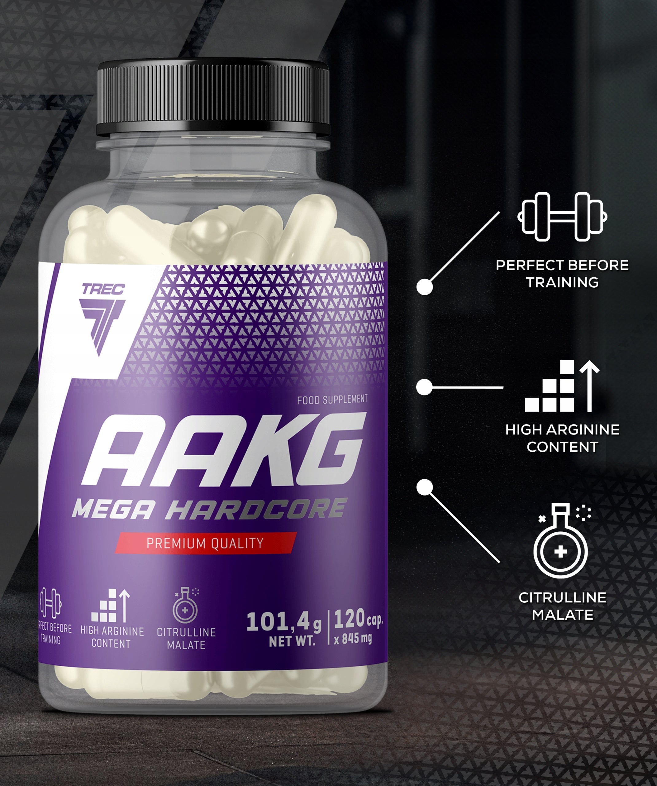 AAKG ARGININA MEGA HARDCORE TREC 120caps. PERFORMANCE STRENGTH IN TRAINING Manufacturer code przetreningówka wsparcie pompa mięsniowa gym