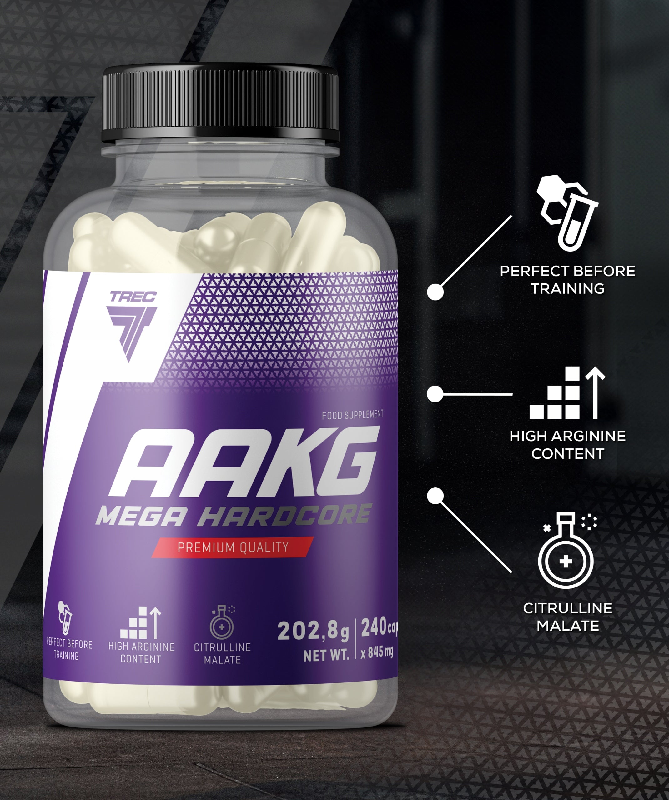 AAKG MEGA HARDCORE TREC 240 caps. ARGININE CITRULLINE PUMP AMINO ACIDS Manufacturer code mięśnie jabłczan cytruliny przedtreningówka