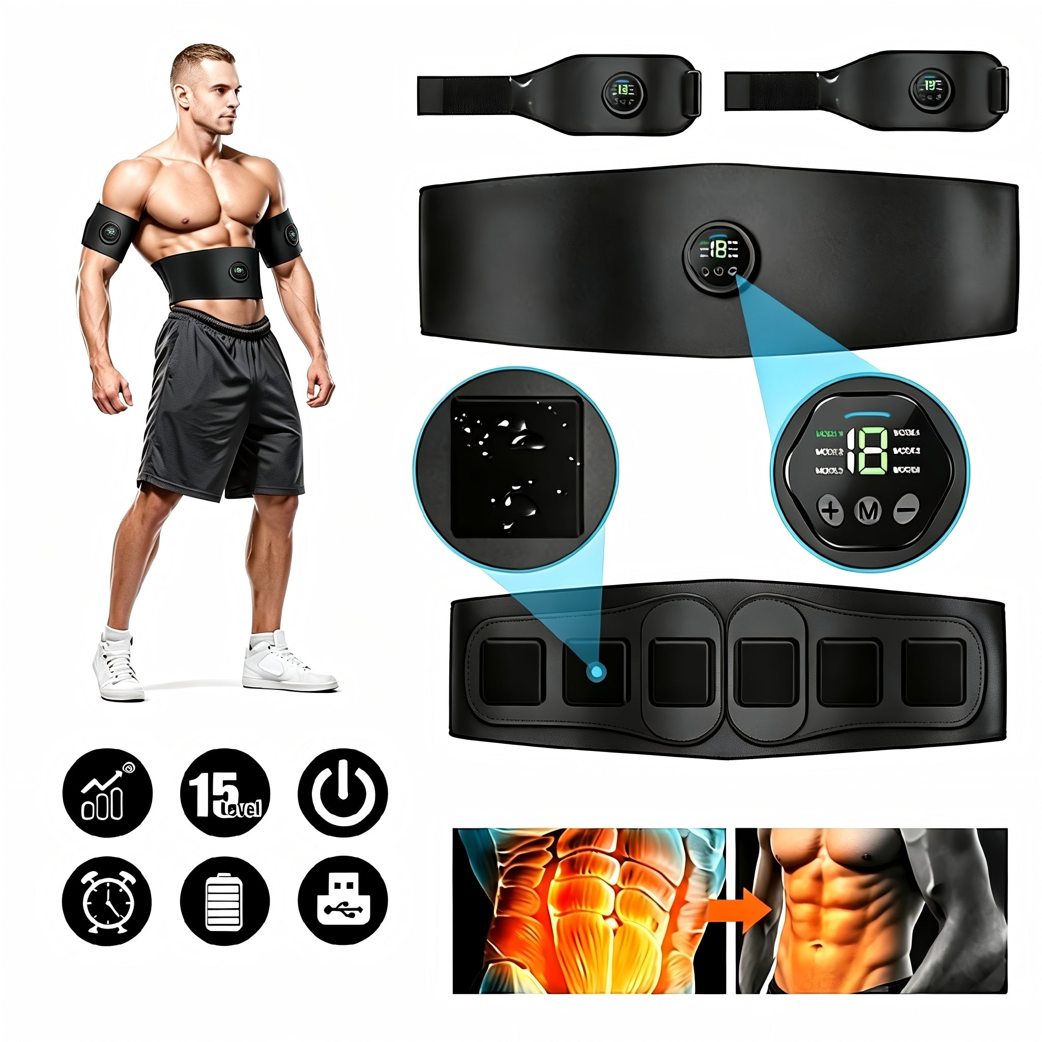 ABDOMINAL MUSCLE ELECTROSTIMULATOR EMS 6MODES SLIMMING BELT WITH 2×Strips