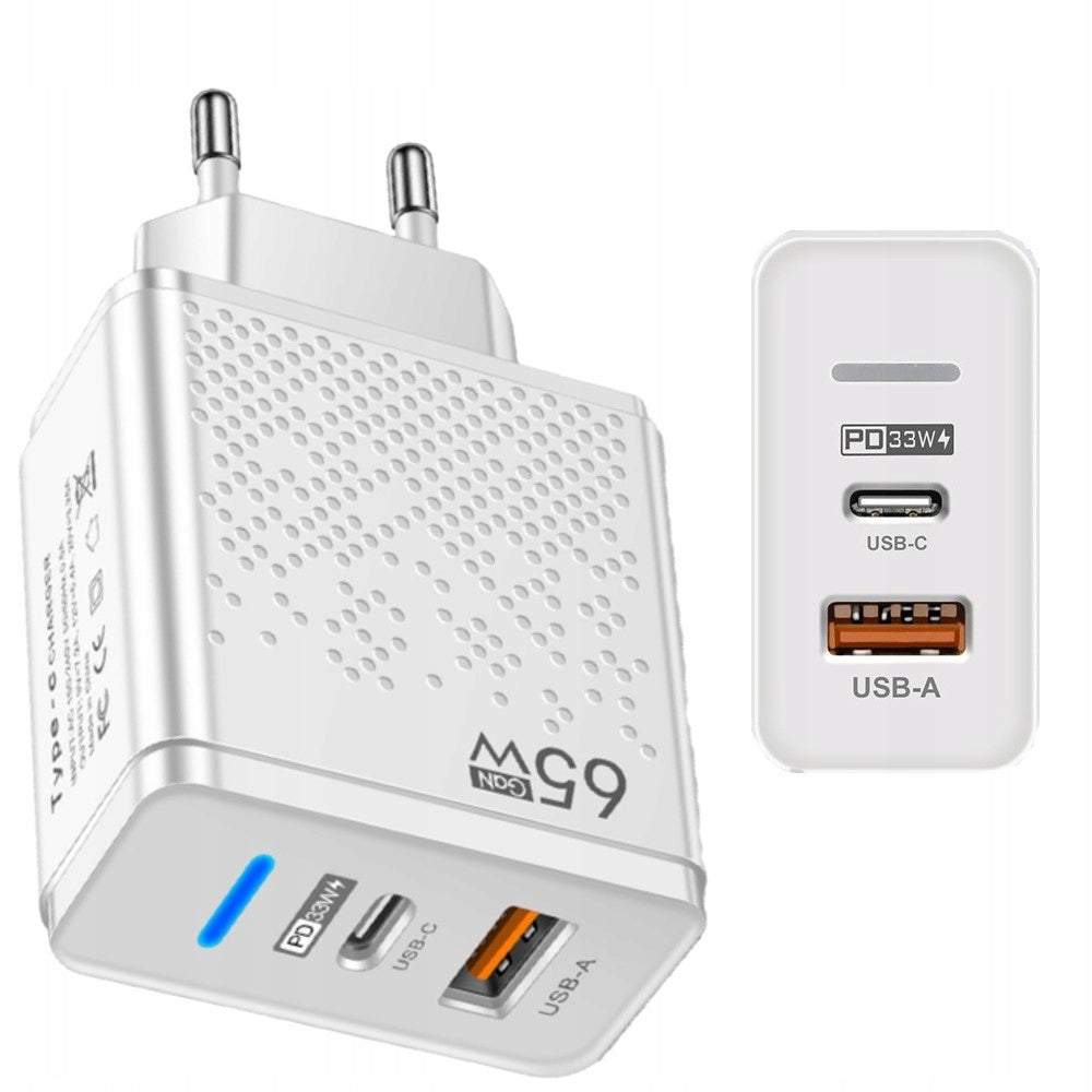 AC Charger GaN 65W USB-C PD + QC 3.0 Power Adapter Fast Universal