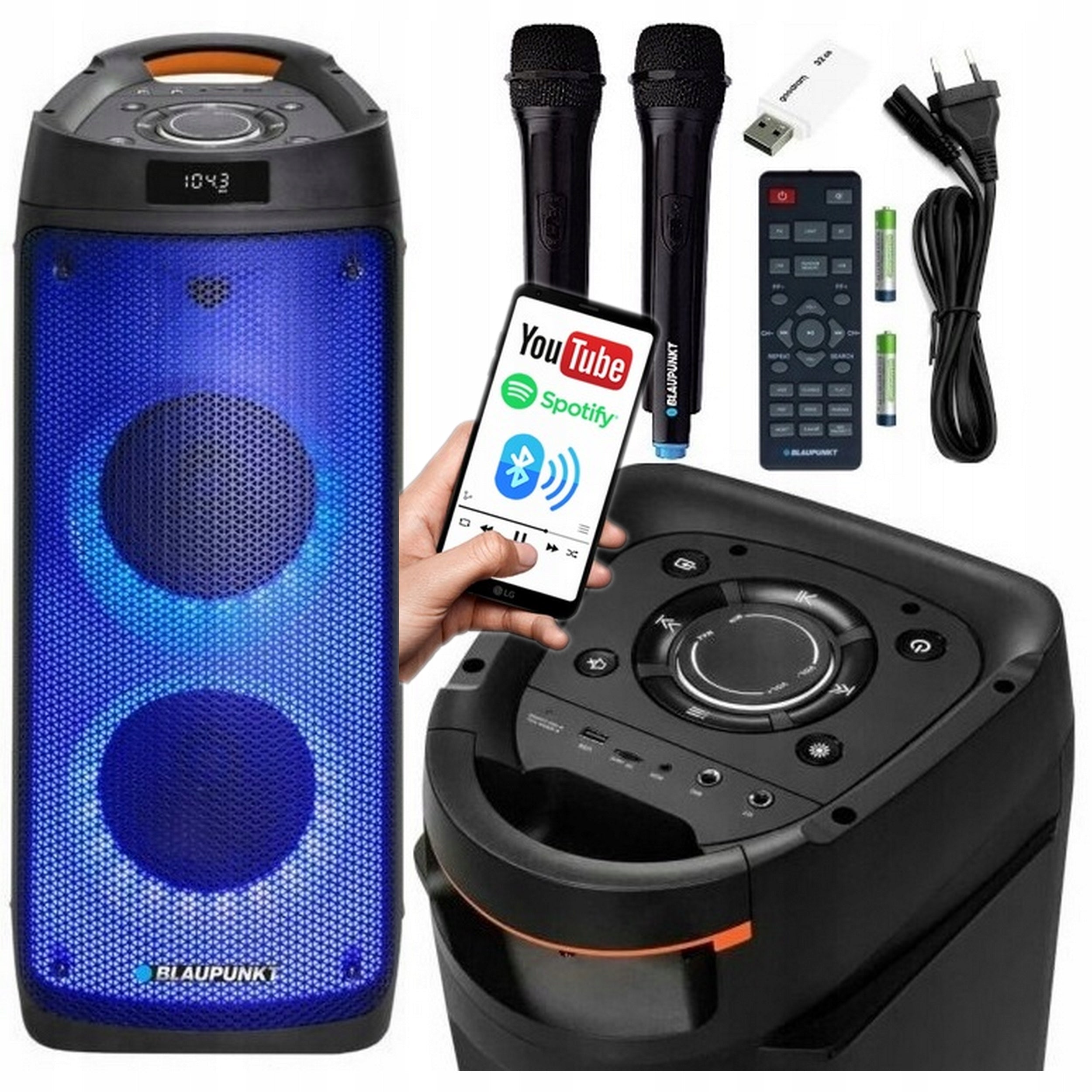 ACTIVE COLUMN PARTYBOX BLAUPUNKT PB06DB KARAOKE LED REMOTE CONTROL AUX USB BT FM