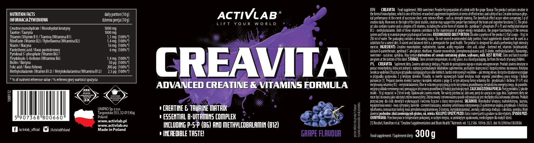 ACTIVLAB Creavita 300g, Supplement Creatine Taurine, Grape Expiration date at least 1 year from the date of purchase