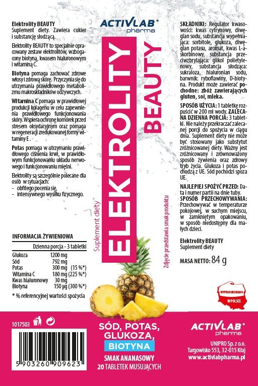 ACTIVLAB ELECTROLYTES BEAUTY 20 TABLETS PINEAPPLE HYDRATION ENERGY Manufacturer code FR/669/N14