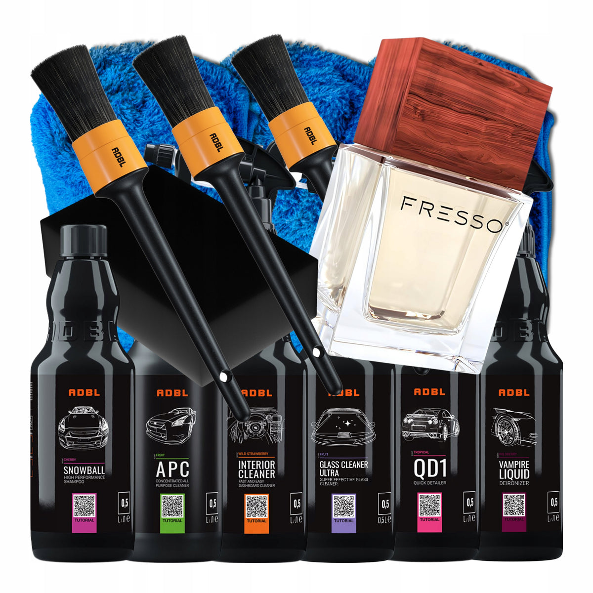 ADBL starter car care kit with accessories and Fresso perfume