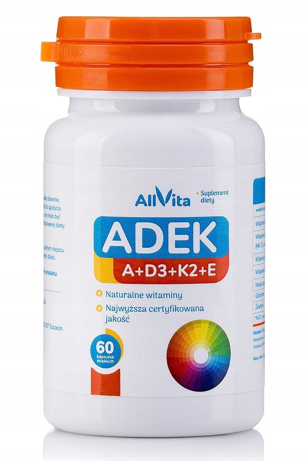ADEK Vitamins D3 K2 Mk7 A E natural Allvita 60 capsules Expiration date at least six months from the date of purchase