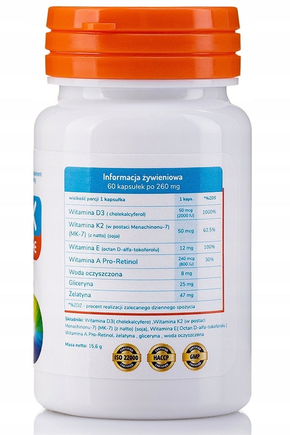 ADEK Vitamins D3 K2 Mk7 A E natural Allvita 60 capsules Manufacturer code ADEK Witamina d3 k2 mk7 +E 60kps Allvita