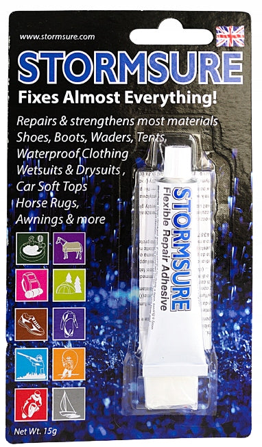 ADHESIVE FOR WADERS UMBRELLA FABRICS TENTS POWER! 3x5g Brand Stormsure