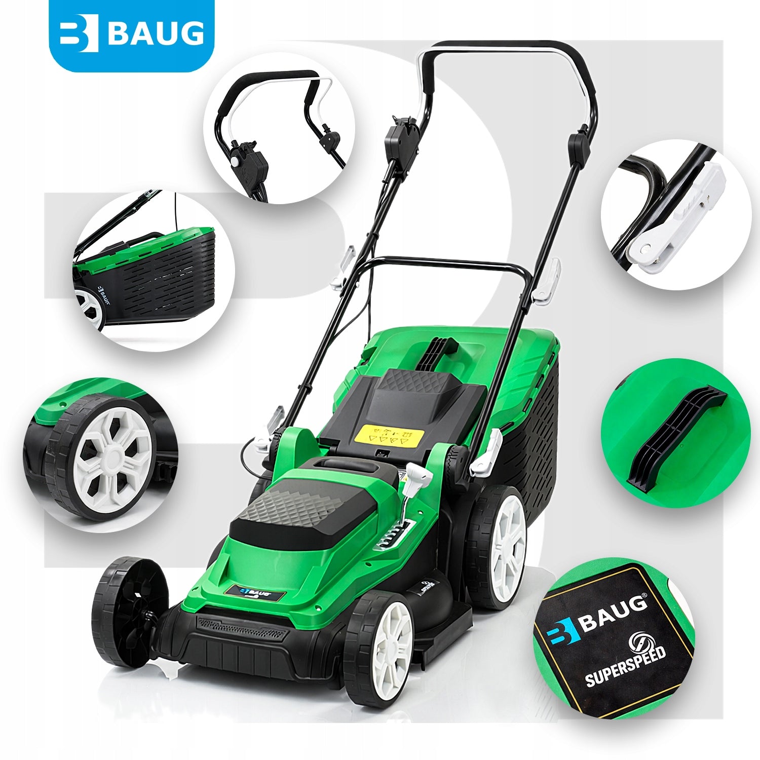 ADJUSTABLE ELECTRIC LAWN MOWER LIGHT STRONG LARGE BASKET 45L 1600W Brand Baug