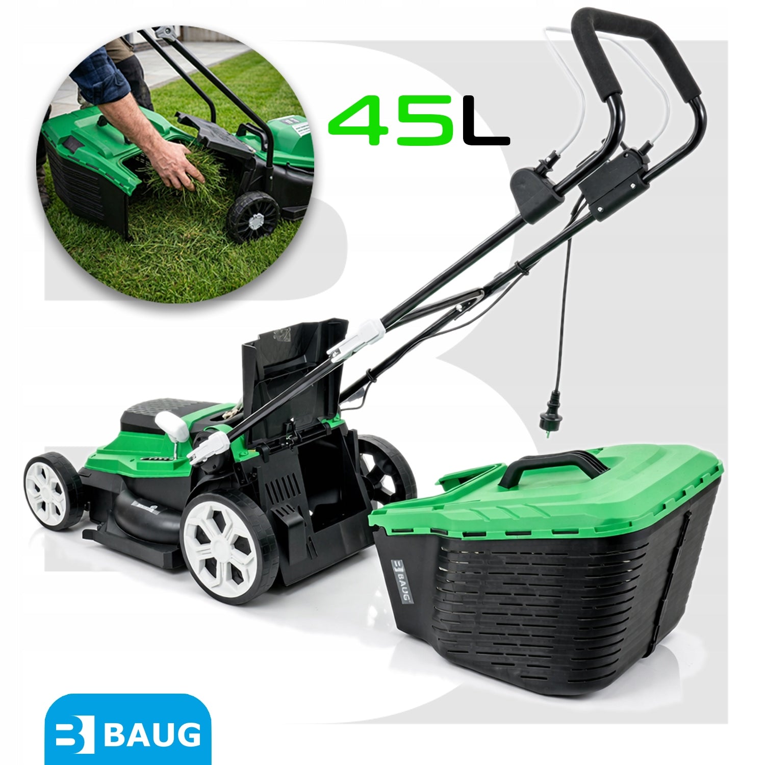 ADJUSTABLE ELECTRIC LAWN MOWER LIGHT STRONG LARGE BASKET 45L 1600W Series KOSIARKI ELEKTRYCZNE DO TRAWY BAUG