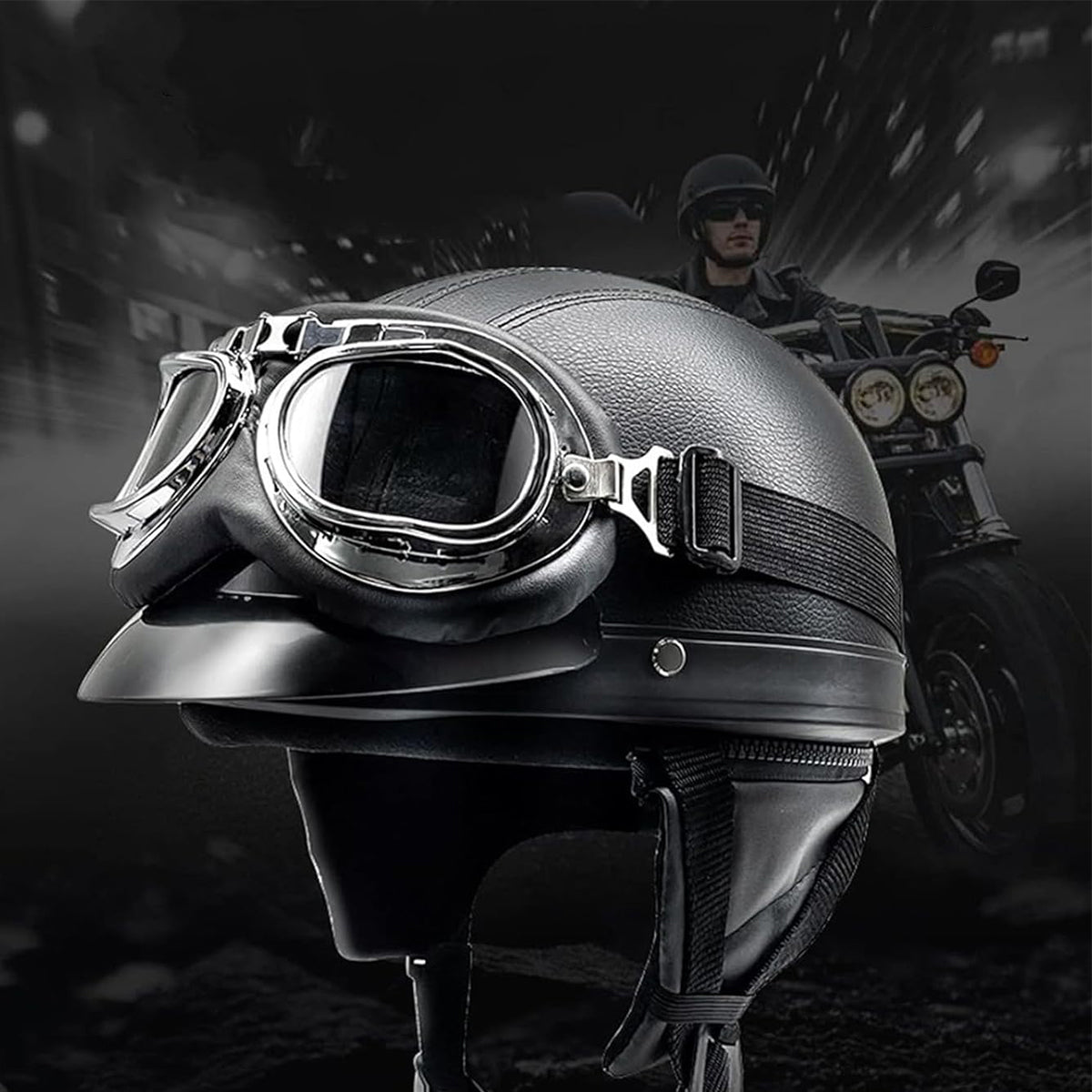 ADULT MOTORCYCLE HELMET SET, RETRO MOTORCYCLE HELMET WITH GOGGLES Manufacturer no brand