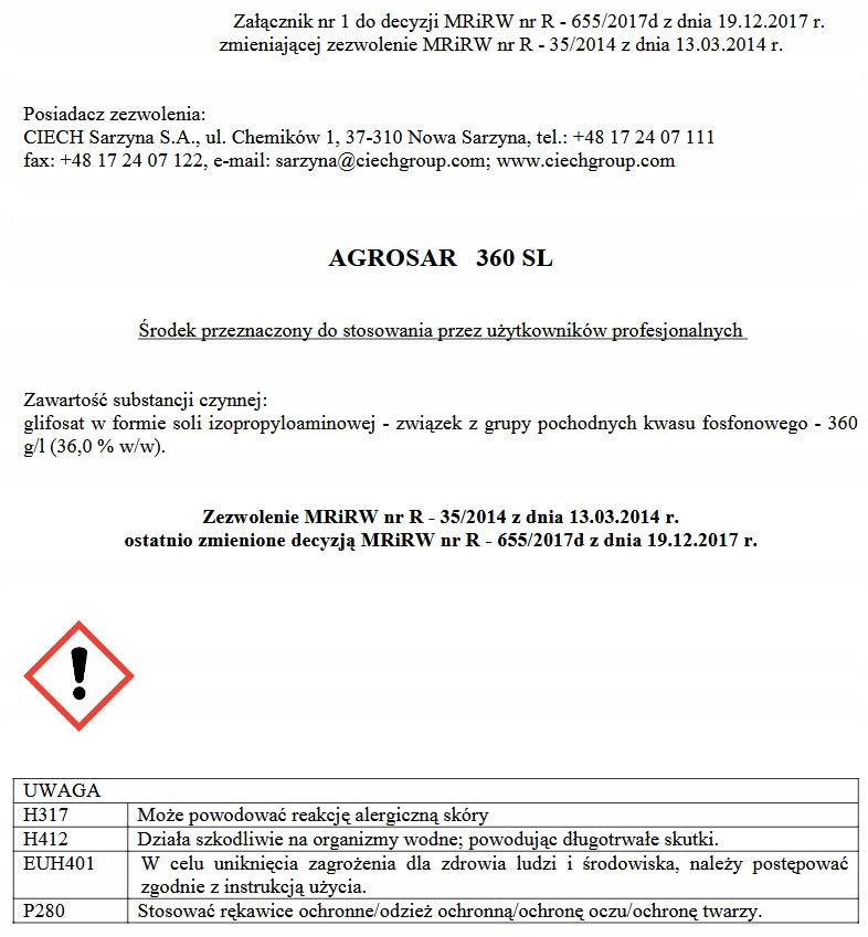 AGROSAR 360SL 1L IRREPLACEABLE for weeds dwż.3/2028r. for PROFESSIONALS Packaging status original