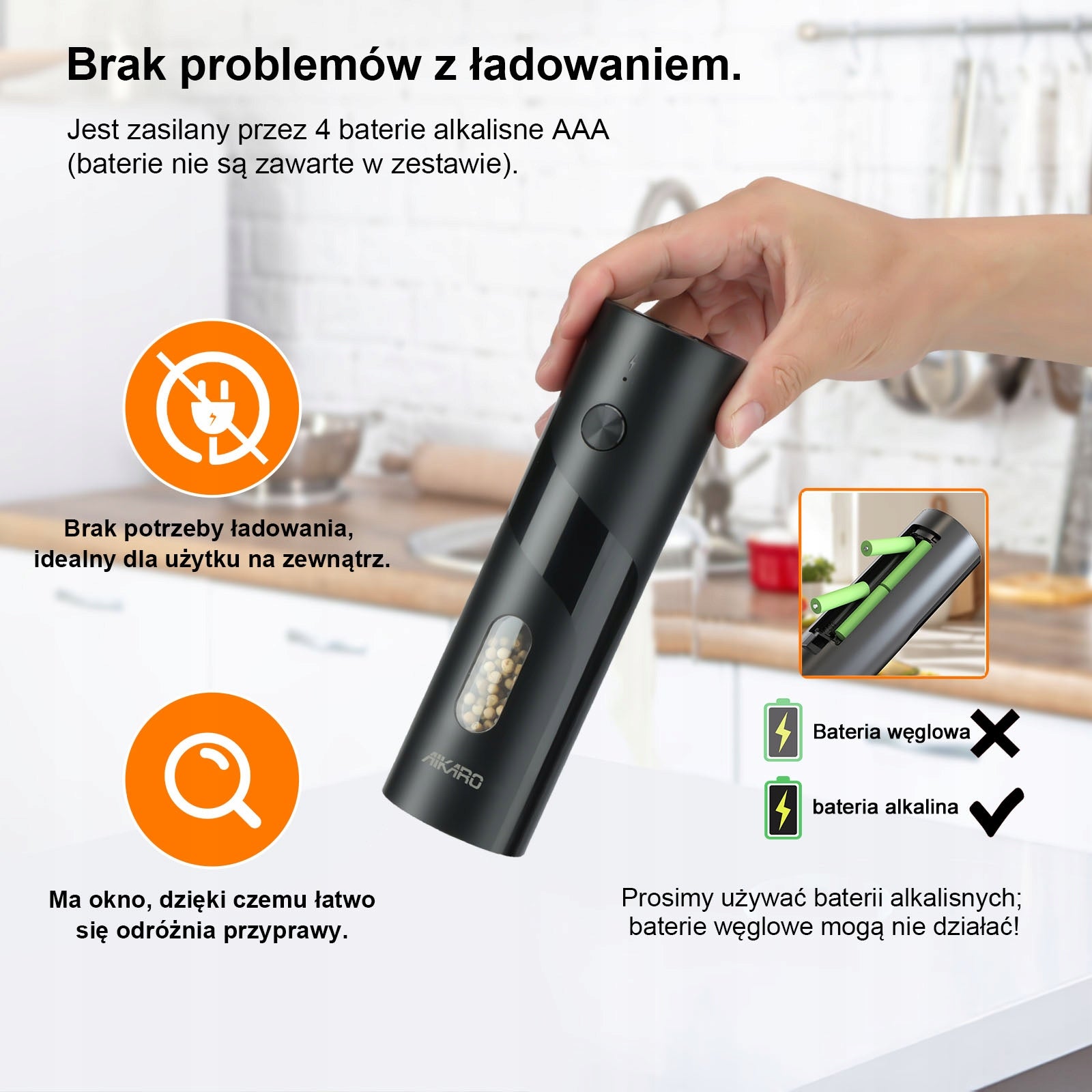 AIKARO Electric Salt and Pepper Mill Automatic Grinder, Battery Operated Model KYMQ-64B