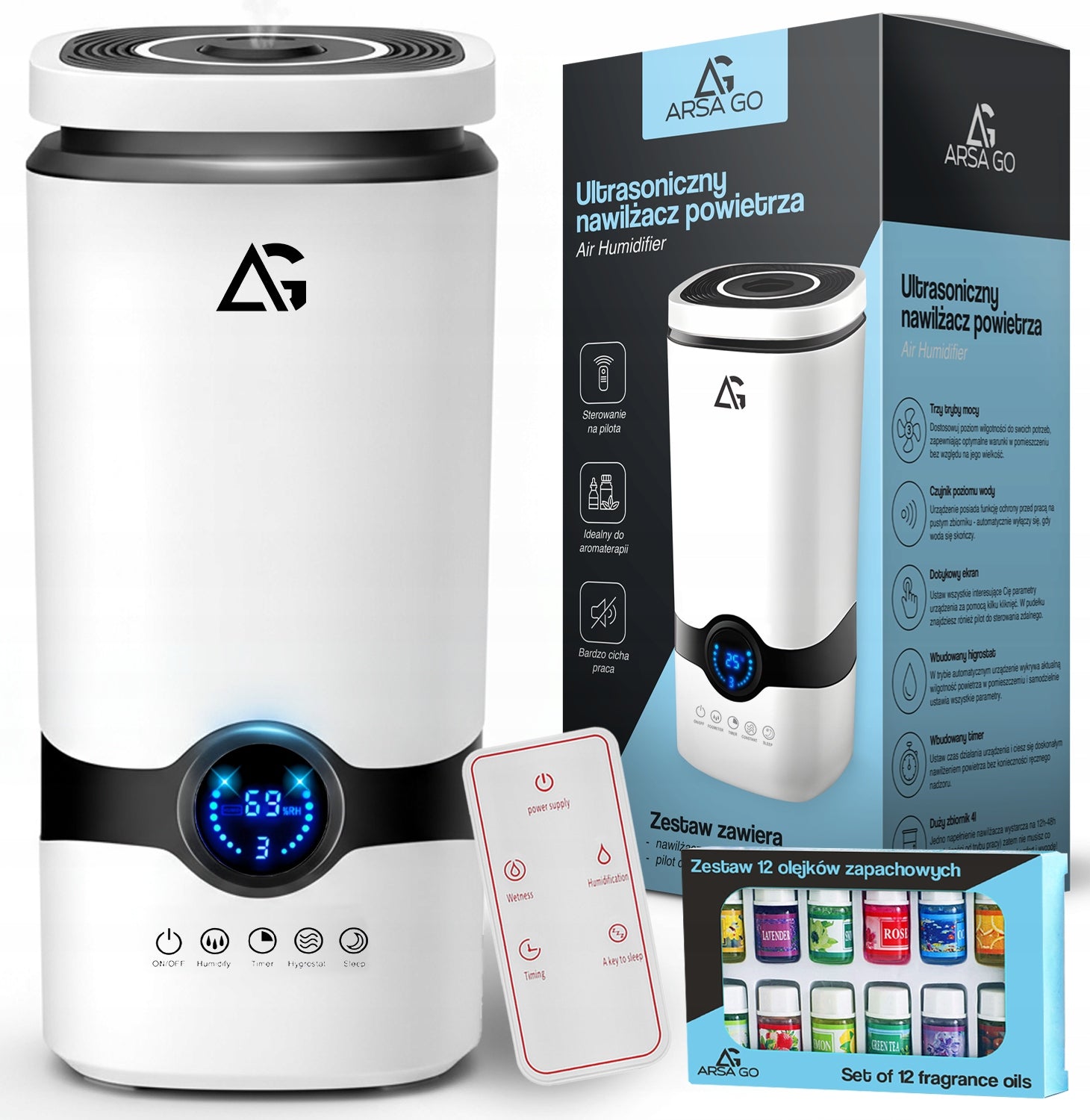 AIR HUMIDIFIER AROMATHERAPY DIFFUSER TIMER PILOT + 12x OILS