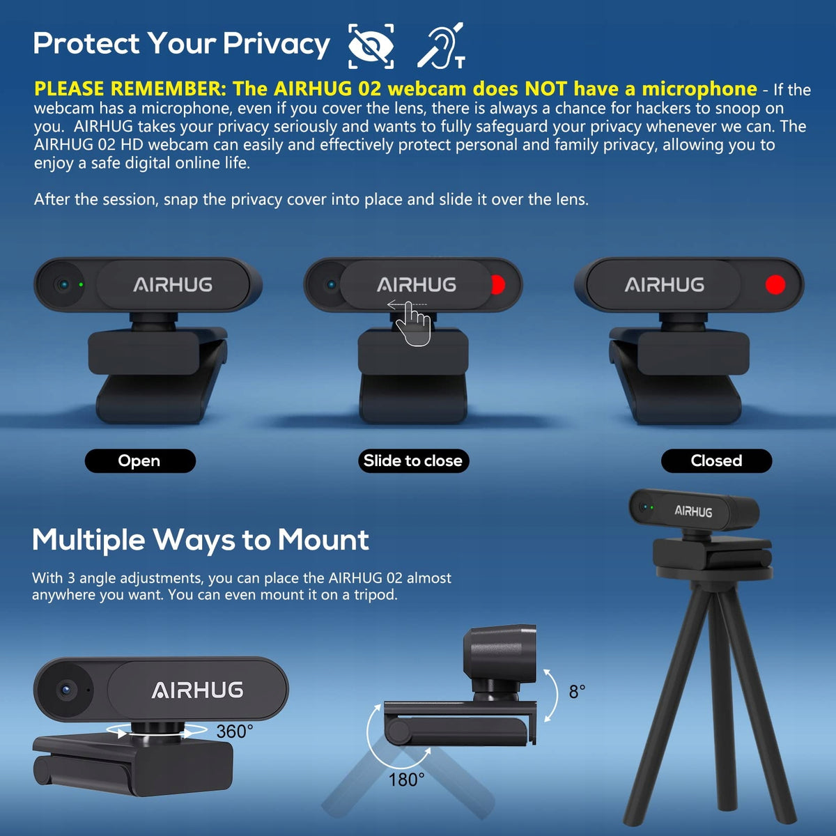 AIRHUG Webcam 2K QHD FHD 1080p 360° Plug&Play Windows Mac Packaging status original