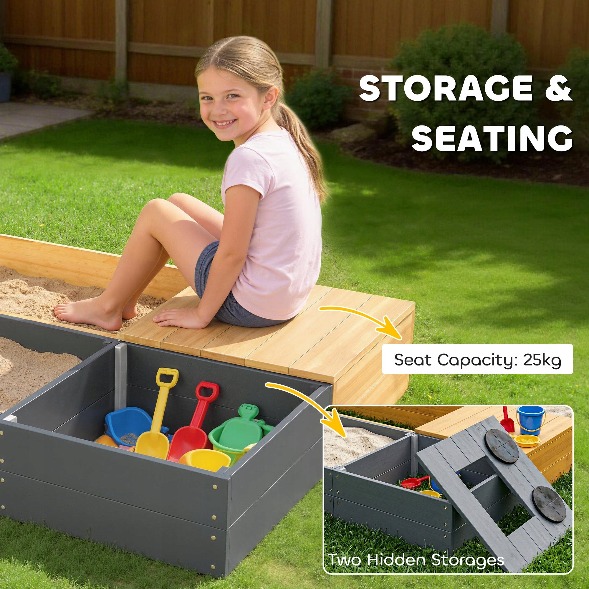 AIYAPLAY 2-piece sandbox 150 x 90 cm with seat and storage Kid's age 3+ years