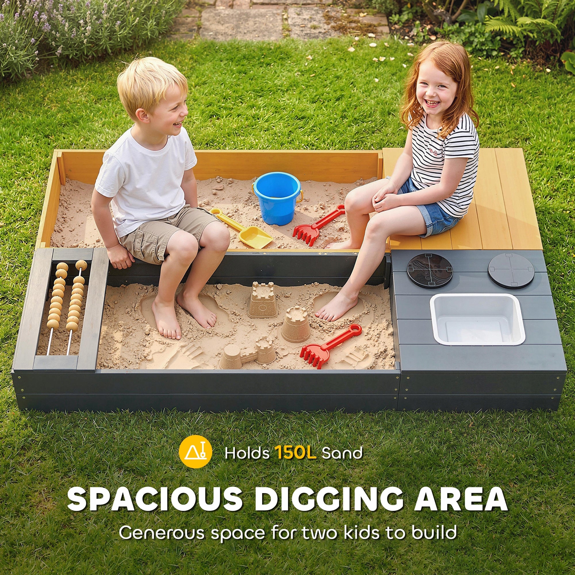 AIYAPLAY 2-piece sandbox 150 x 90 cm with seat and storage Kind wooden