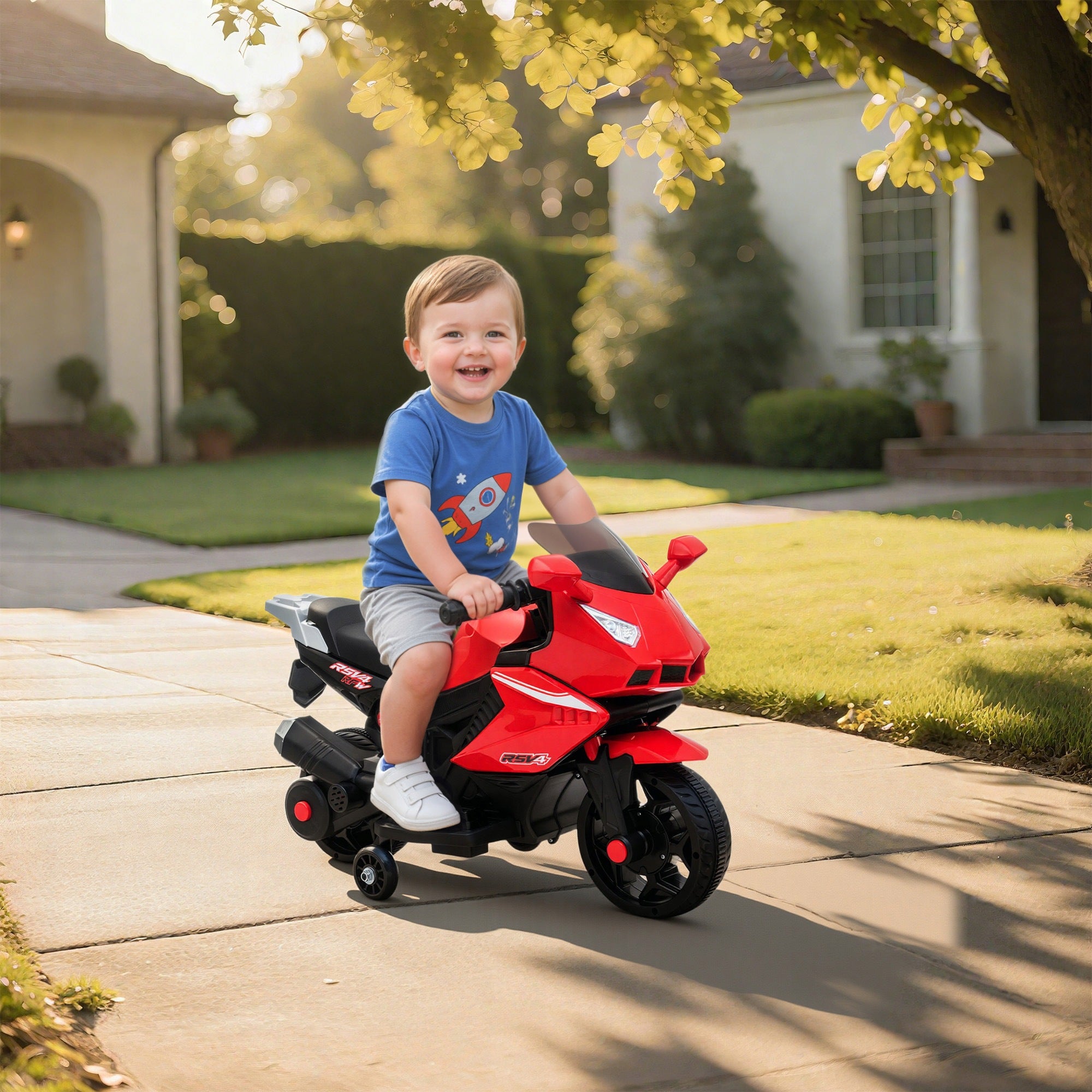 AIYAPLAY Electric Motorcycle for Kids with USB, Side Wheels, Music Brand AIYAPLAY